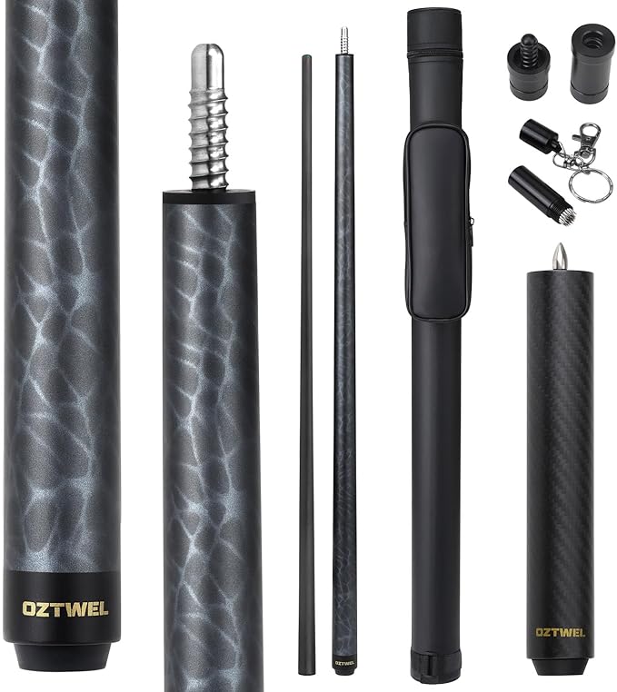 Carbon Fiber Pool Cue Stick, 12.4mm 8-Layer Tip Low Deflection Pool Cue Professional Pool Sticks for Adults with Pro Taper Cue Shaft 3/8 x 8 Joint Pin