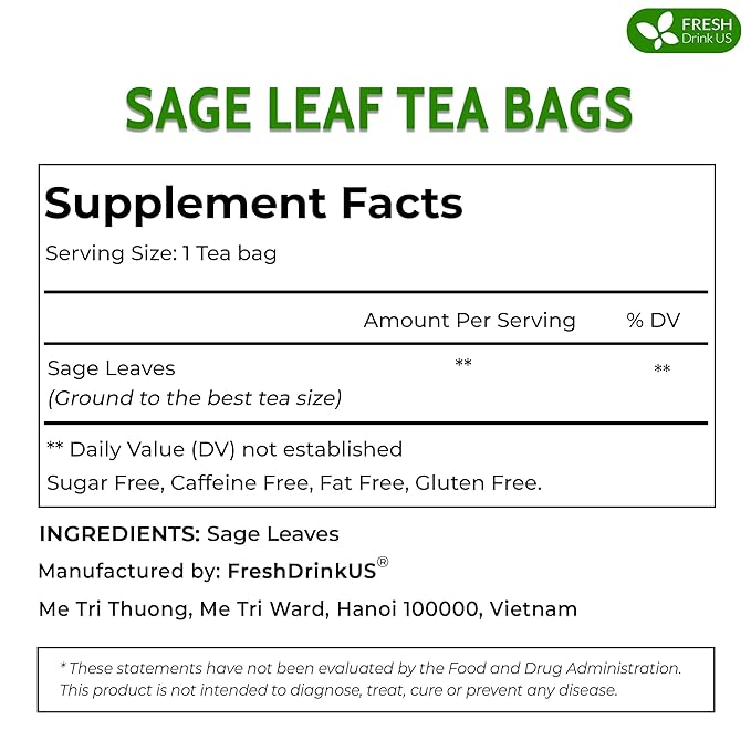 FreshDrinkUS, Premium 15 Sage Leaf Tea Bags, 100% Natural & Pure from Sage Leaves. Loose Leaf Sage Herbal Tea. Made with Natural Material Tea Bags. No Sugar, No Caffeine, No Gluten, Vegan.