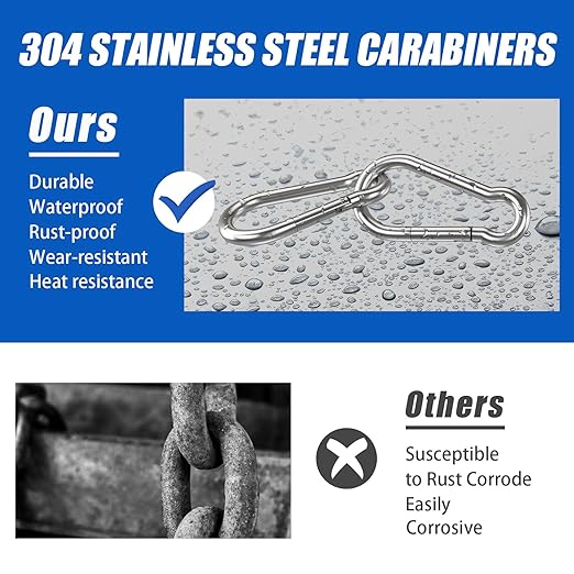 Small Carabiner Clip Hooks, 10pcs 1.57 inch Carabiners Heavy Duty, 304 Stainless Steel Spring Snap Hook Fits Camping Hiking, Metal Clips for Rope Chain Keys Rings