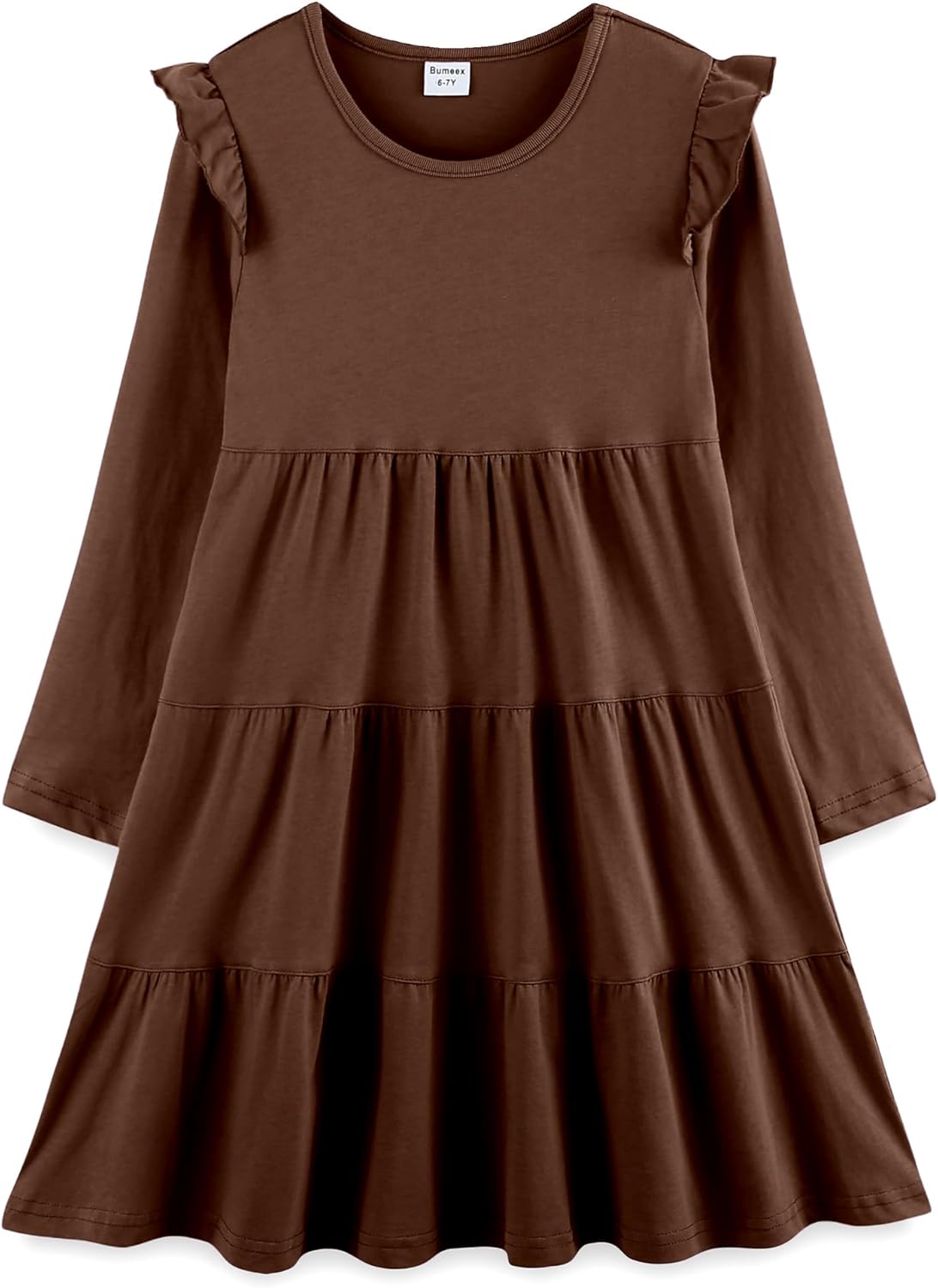 Girls Cotton Dress - Ruffle Sleeve Tiered A-Line Midi Sundress