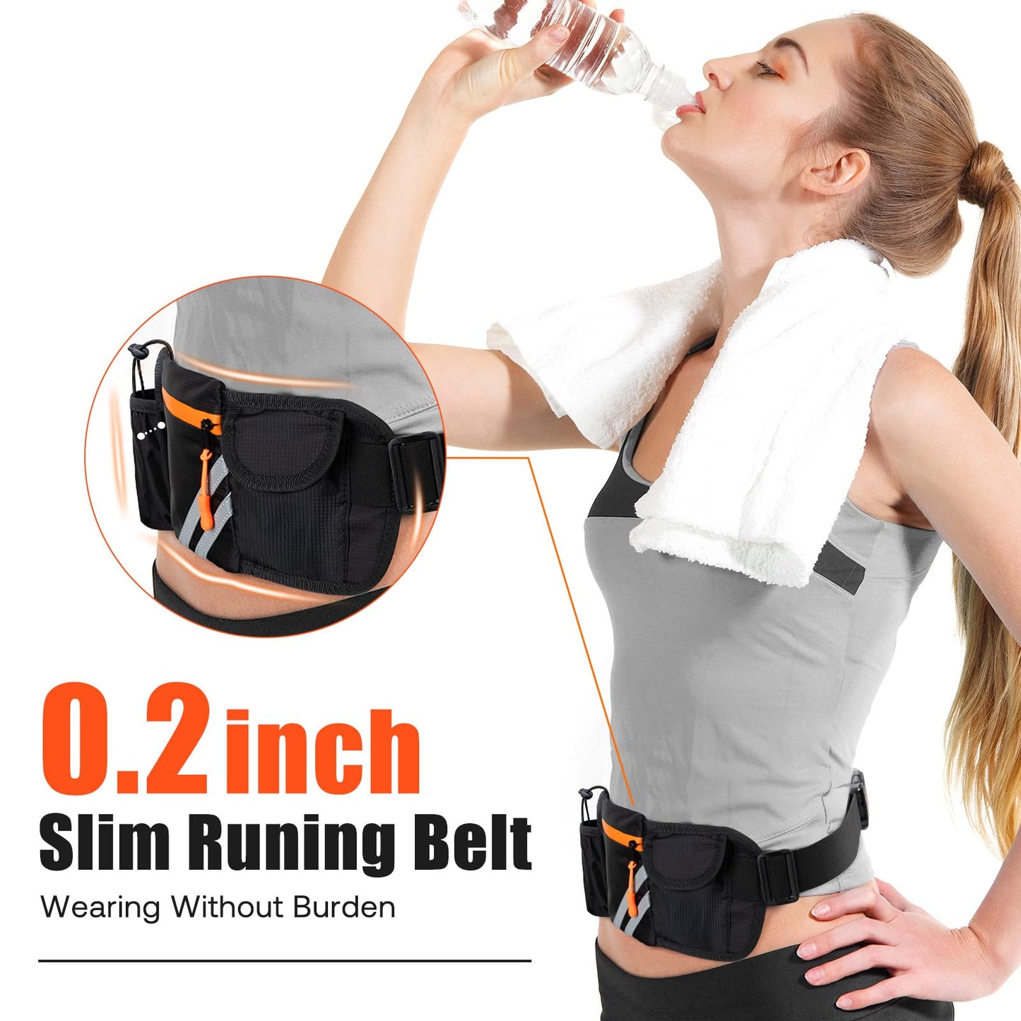 Running Belt with Water Bottle Holder: Detachable Bottle Pouch - Slim Running Belt - Large Capacity No Bounce for Walking(Bottles NOT Included)