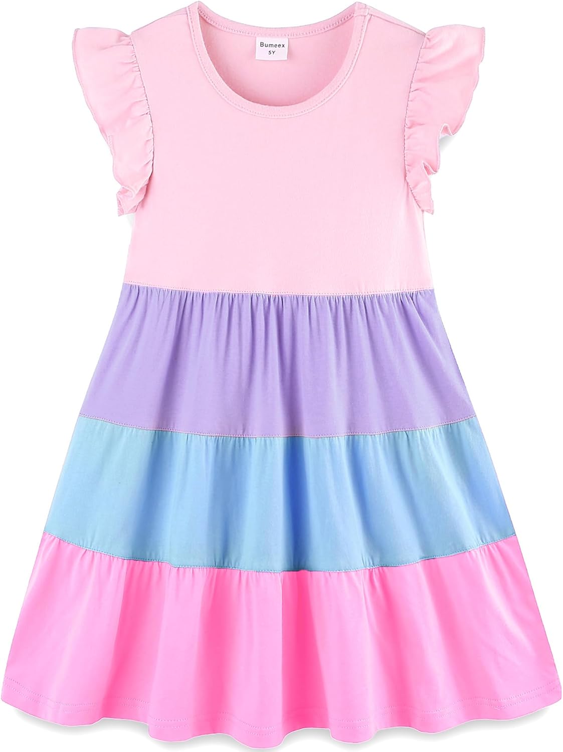 Girls Cotton Dress - Ruffle Sleeve Tiered A-Line Midi Sundress