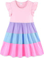 Girls Cotton Dress - Ruffle Sleeve Tiered A-Line Midi Sundress