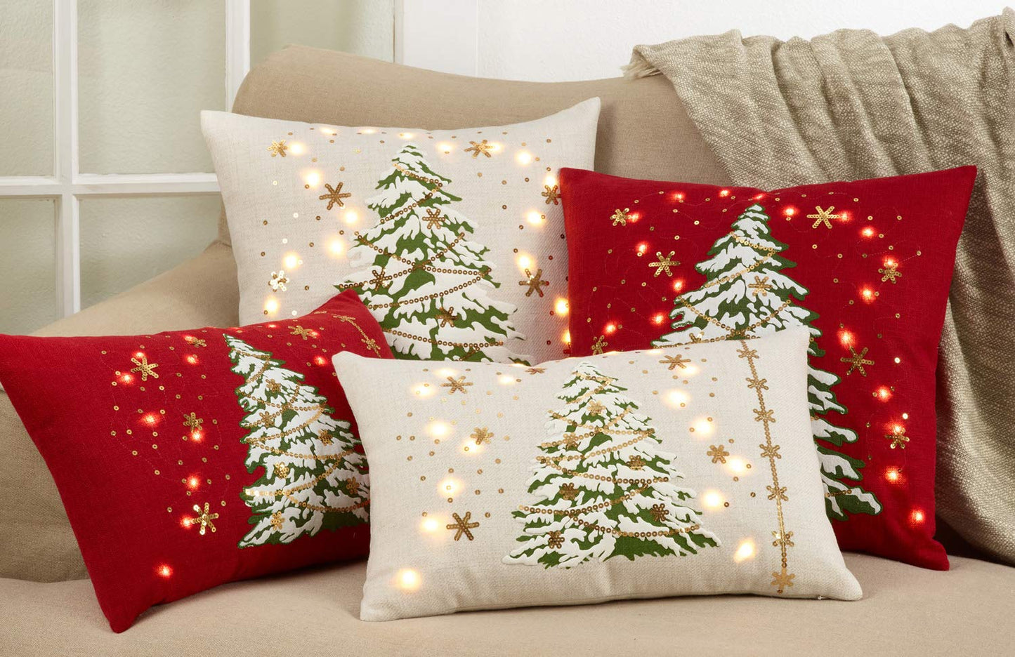 Fennco Styles Christmas Tree Design with LED Light Decorative Throw Pillow Cover 13 x 20 Inch - Red Pillow Case for Holiday Décor, Couch, Living Room and Bedroom Décor