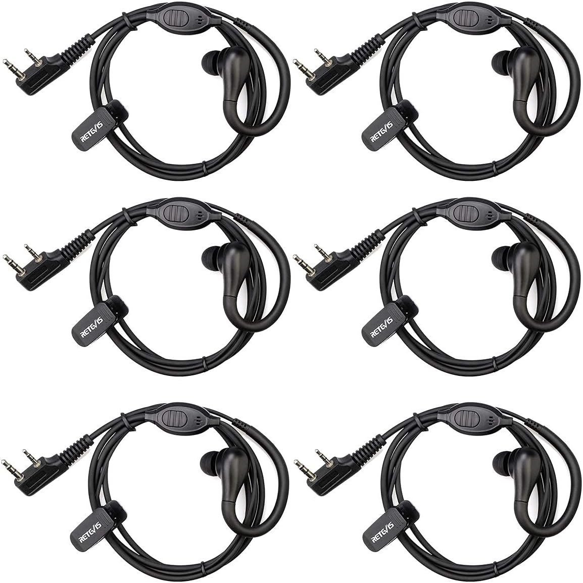 Retevis RT22 Walkie Talkie Earpiece with Mic, 2 Pin, for RT22 RT68 RT21 H-777 RT27 RT86A RT86S, Compatible with Pxton Baofeng BF-888S BF-T26 Kenwood Two Way Radio, Two Way Radio Earpiece(6 Pack)