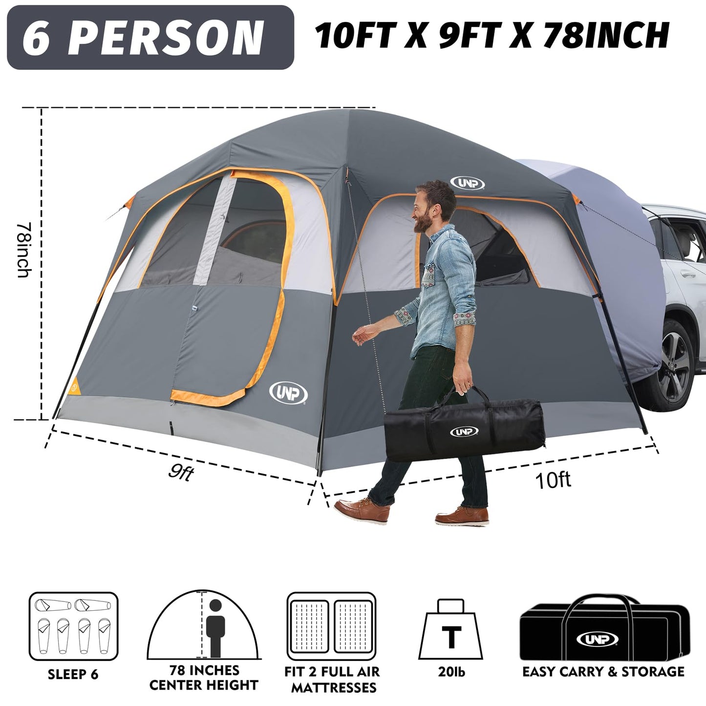 UNP SUV Tent for Camping, 6-Person SUV Tailgate Tent - Easy Set Up with Rainfly, 10'x9'x78in(H)