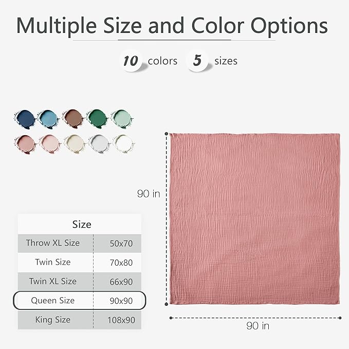 Carriediosa 100% Cotton Muslin Throw Blanket 90" X 90" Queen Size，4-Layers Summer Gauze Throws for Bed Couch，Soft Lightweight Breathable Linen Blankets Bedspread for Adults All Season，Mauve
