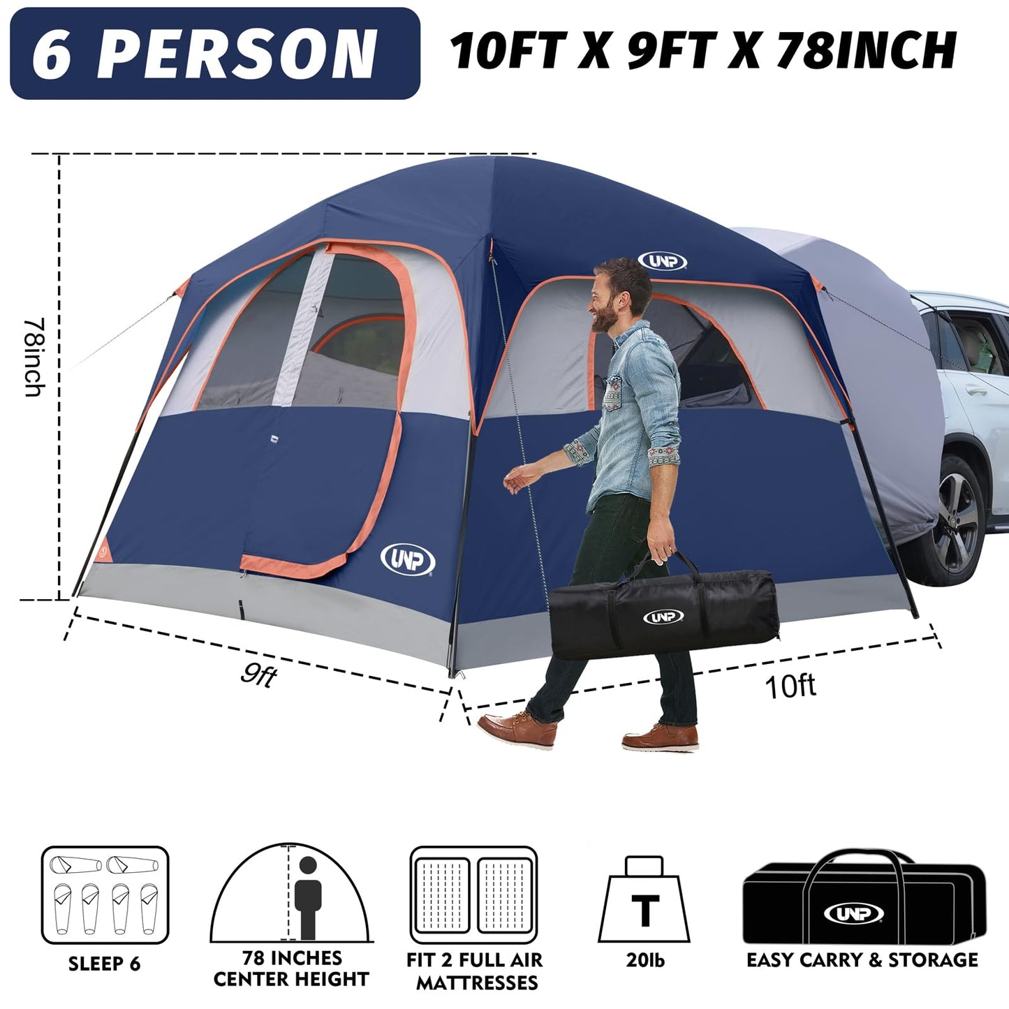 UNP SUV Tent for Camping, 6-Person SUV Tailgate Tent - Easy Set Up with Rainfly, 10'x9'x78in(H)