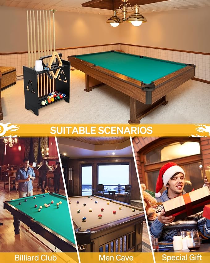 Pool Stick Holder Floor Stand- Billiards Pool Cue Rack Oak Solid Wooden Holds 9 Cues and Pool Table Accessories Organizer with Chalk Cone Holder for Game Room Club or Men Cave