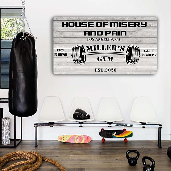 Tailored Canvases Personalized Gym Sign Wall Art Decor - Motivational Canvas for Home Gym, Workout Room, Garage, Fitness Center - Workout Inspirational Posters - House of Misery and Pain, White Wood 60x30in