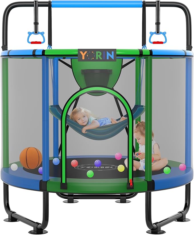 YORIN Trampoline for Kids 66'' 60'' 55'' Toddler Mini Small Trampoline Outdoor Indoor Trampoline W Basketball Hoop, Swing, Adjustable Gymnastics Bar, Gift for Baby, Toddlers & Kids