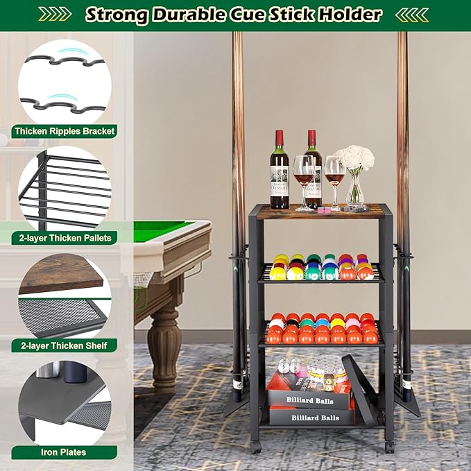 Pool Stick Holder Rack Stand for 8 Cue Sticks - Billiard Game Room Storage Cart with Organizer for Balls, Pool Table Accessories and Equipment - Heavy Duty Floor Stand Cue Stick Rack for Home or Bar
