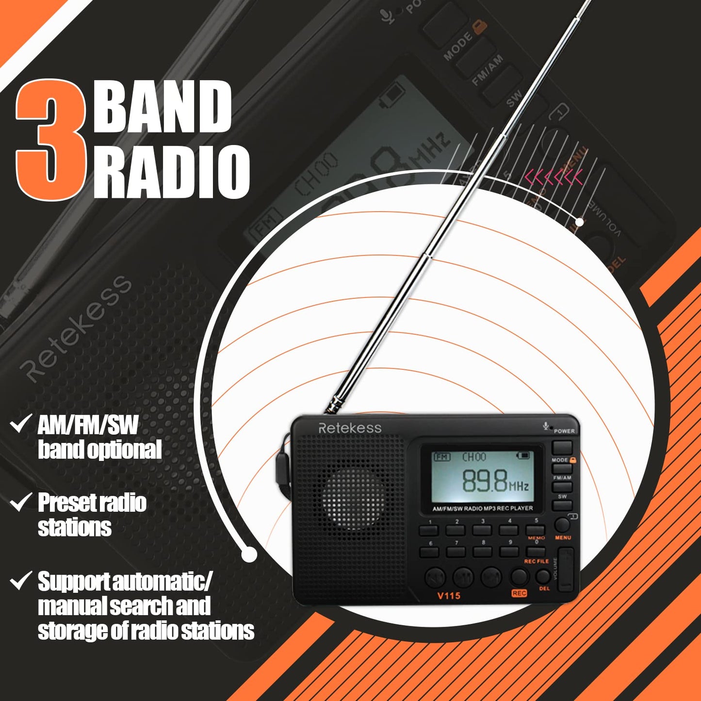 Retekess V115 Shortwave Radio, Digital Radio AM FM, Shortwave Receiver with 1000mAh Rechargeable Battery, Presets, TF/AUX Playback and Recording, Bass Speaker, for Camping