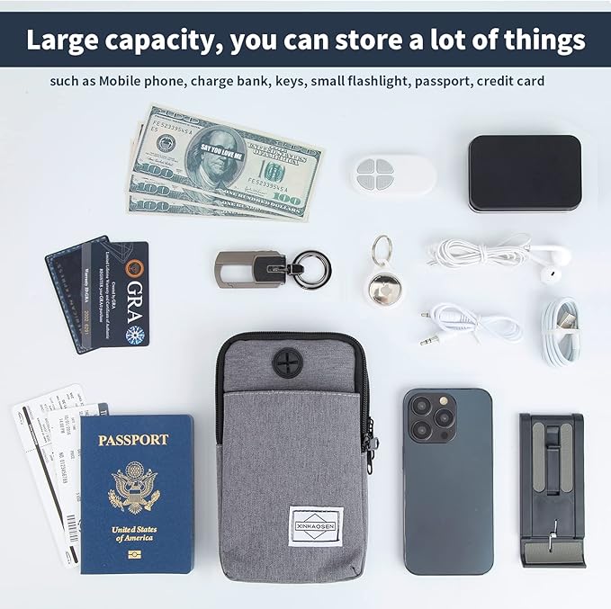 Cell Phone Purse Waist Pack Bag Travel Crossbody Bag Wristband Sport Armband Wallet with Removable Shoulder Strap (Light Grey)