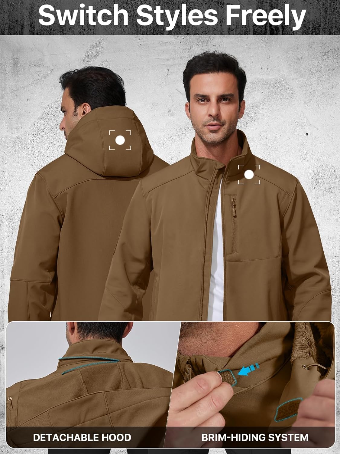 FREE SOLDIER Men's Lightweight Softshell Jacket Winter Fleece Lined Hooded Rain Waterproof Hiking Outdoor Jackets (Brown,L)