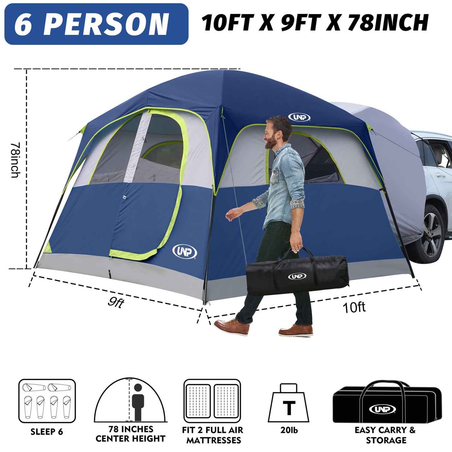 UNP SUV Tent for Camping, 6-Person SUV Tailgate Tent - Easy Set Up with Rainfly, 10'x9'x78in(H)