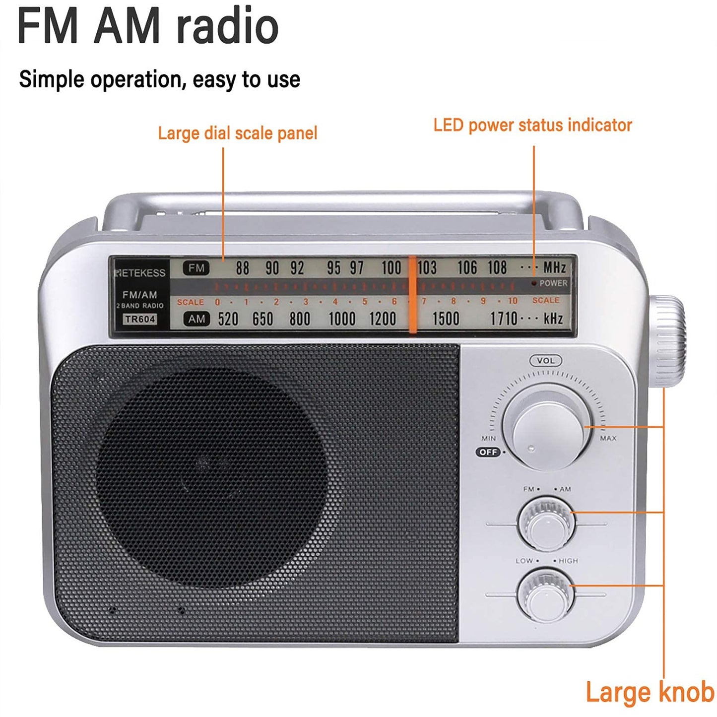 Retekess TR604 AM FM Radio,Portable Radio Plug in Wall,D Battery Operated,Large Dial,High/Low Tone Mode,Big Speaker,Earphone Jack,for Home,Picnic,Senior