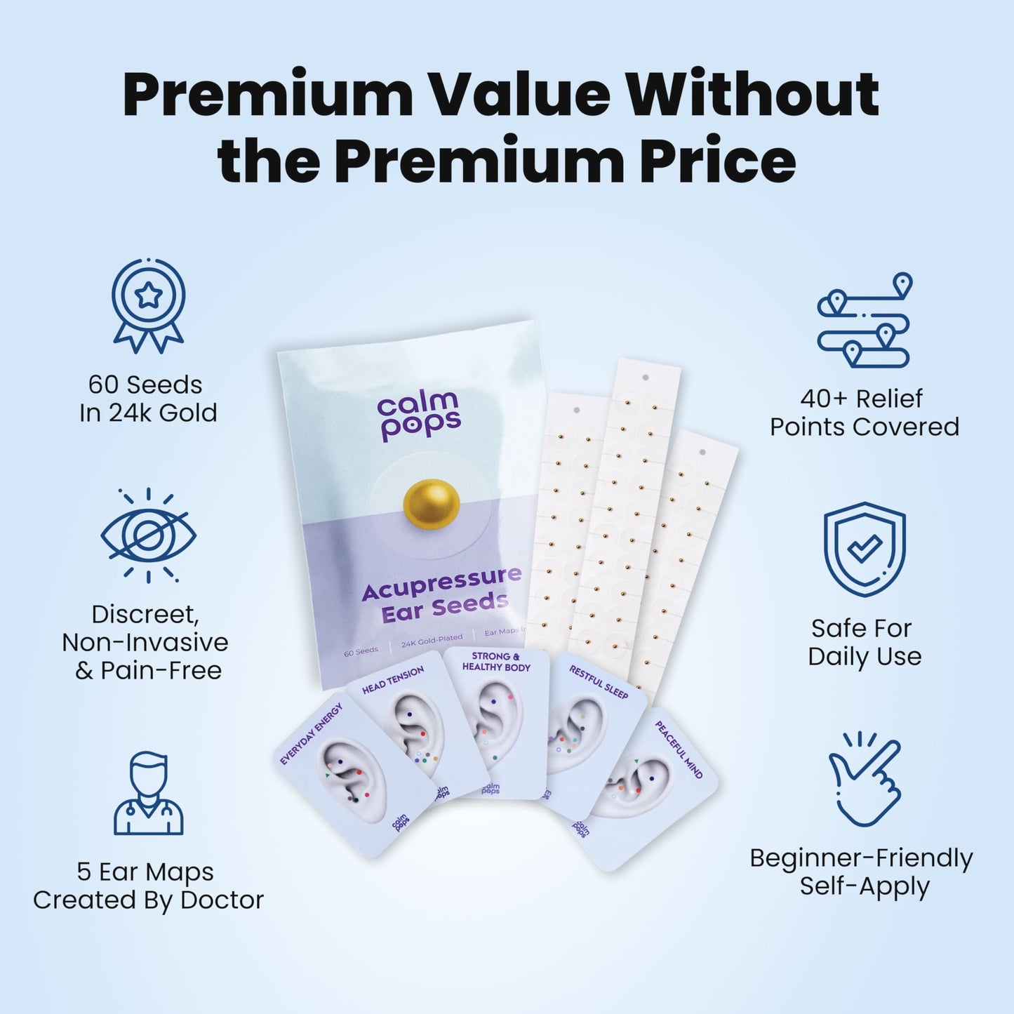 CalmPops Acupressure Ear Seeds Kit 24K Gold Plated 60 Units Immune Digestive