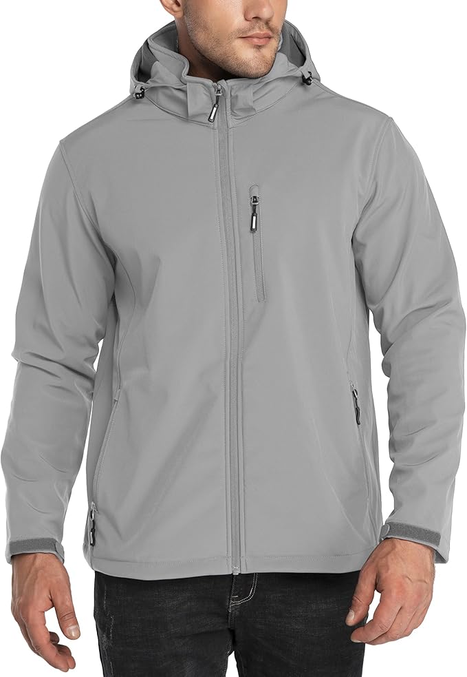 Outdoor Ventures Men's Lightweight Softshell Jacket Fleece Lined Hooded Water Resistant Winter Hiking Windbreaker Jackets