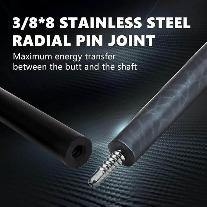 Carbon Fiber Pool Cue Stick, 12.4mm 8-Layer Tip Low Deflection Pool Cue Professional Pool Sticks for Adults with Pro Taper Cue Shaft 3/8 x 8 Joint Pin