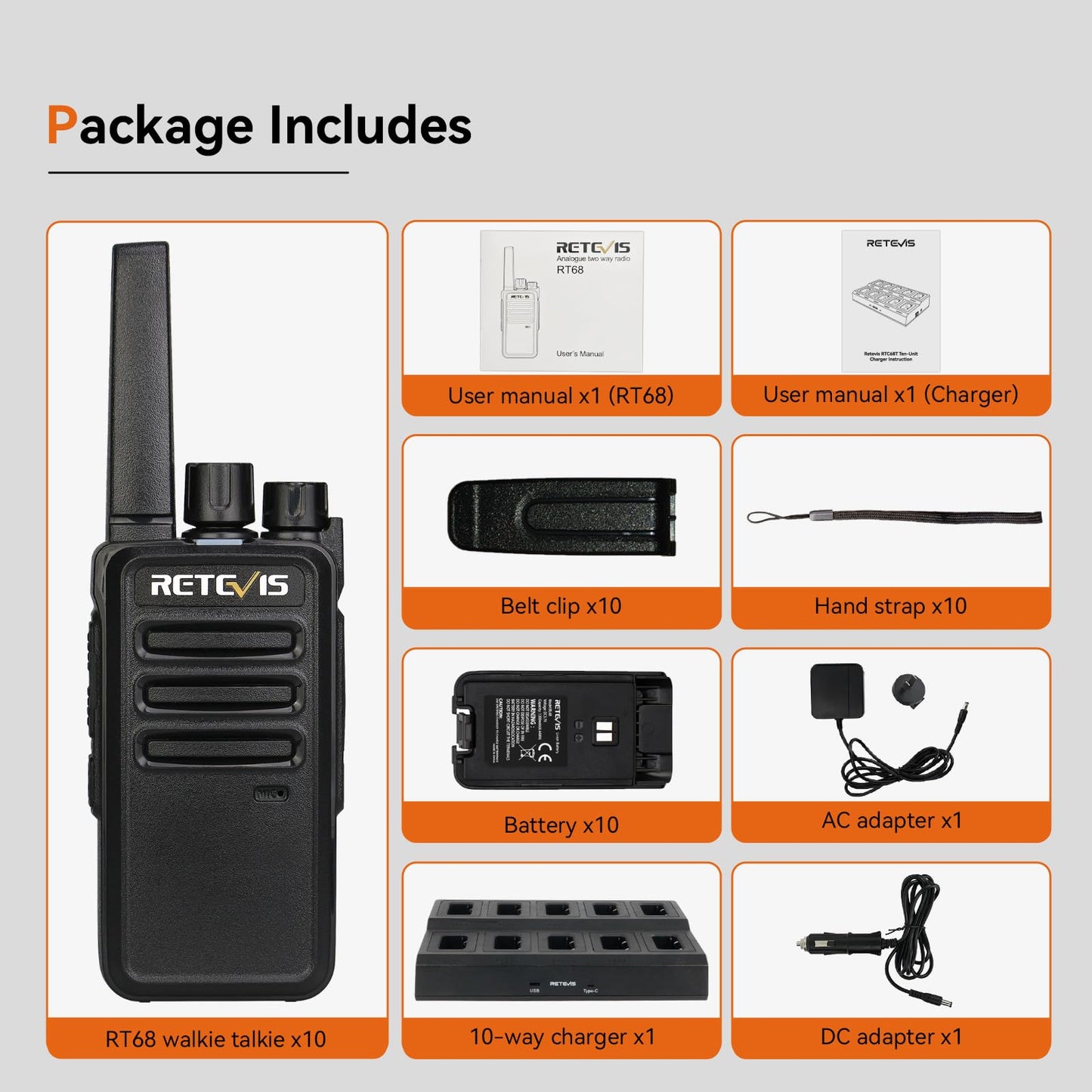 Retevis RT68 2 Way Radio, Long Range Walkie Talkies for Adults (10 Pack) with 10 Multi Way Charger, Easier Securer Charging, 1200mAh, Compact Handheld Two Way Radios Rechargeable for Industry