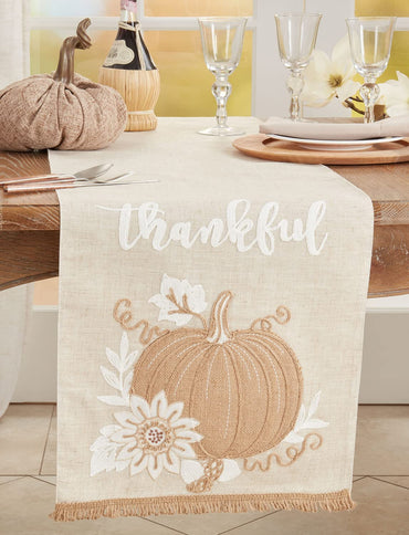 Fennco Styles Embroidered Thankful Pumpkin Linen Blend Table Runner 16" W X 70" L - Natural Holiday Table Cover for Home Décor, Thanksgiving, Banquets, Family Gatherings and Special Occasions