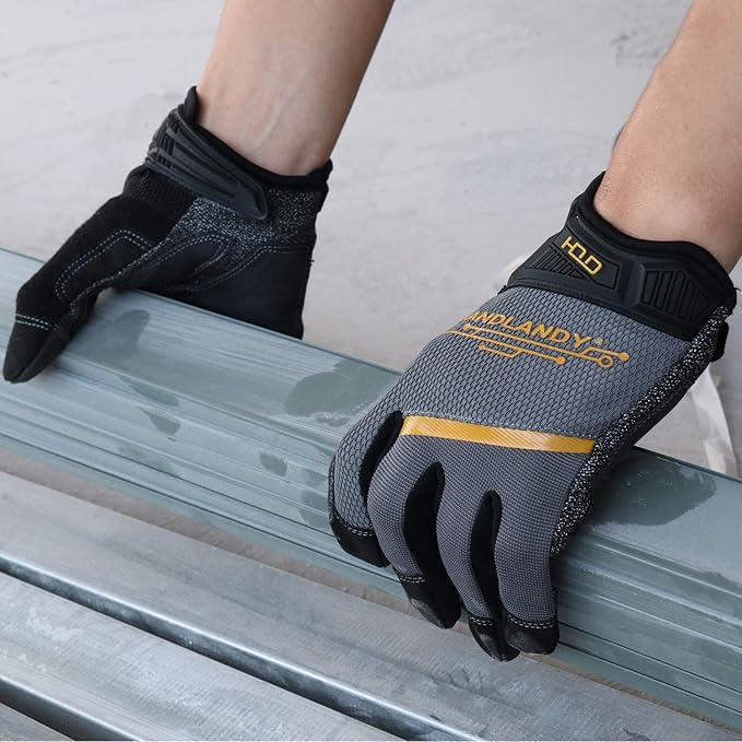HANDLANDY Mens Work Gloves Touch screen, Utility Mechanic Gloves, Flexible Breathable Fit- Padded Knuckles & Palm