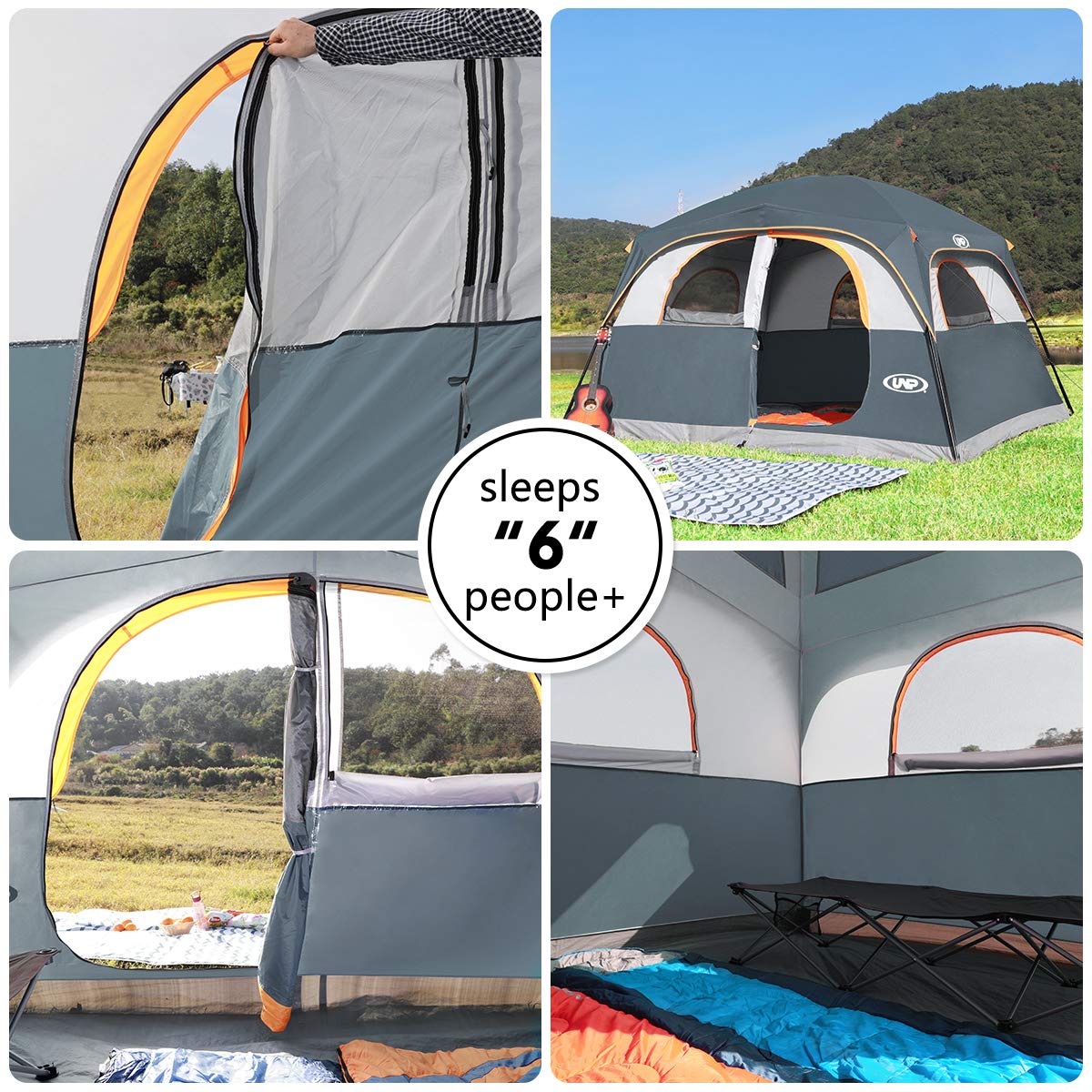 UNP Tents 6 Person Waterproof Windproof Easy Setup,Double Layer Family Camping Tent with 1 Mesh Door & 5 Large Mesh Windows -10'X9'X78in(H)