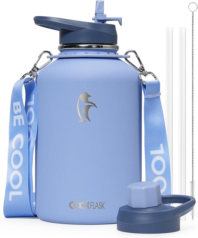 Coolflask 64 oz Water Bottle with Strap, Insulated Half Gallon Large Water Jug with Straw & Spout Lids, Stainless Steel Metal Flask, Keep Cold 48h Hot 24h, Leak Proof & Non-BPA, Dutch Blue