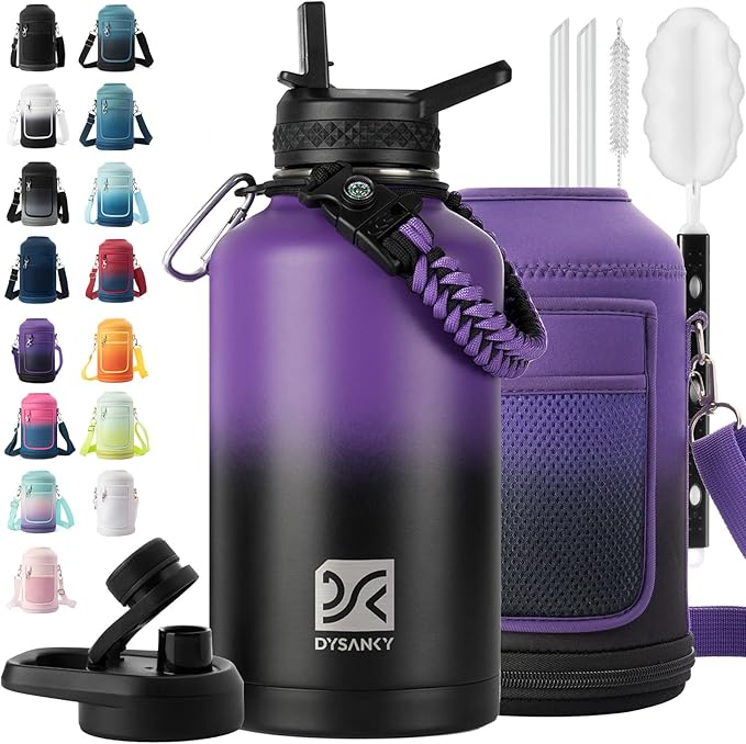 Insulated Water Bottle | Thickened Stainless Steel Vacuum Metal | Portable Sports Half Gallon Large Water Jug for Gym and Hiking with Straw, Carrier Bag, Handle Strap | BPA-Free 64 oz
