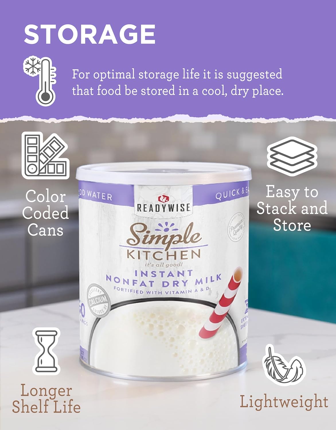 Simple Kitchen Instant Nonfat Dry Milk Powder - 50 Servings #10 Can, Non Fat Powdered Milk Bulk, Dried & Vitamin D Fortified, Daily Use & Emergency Food Long Term Storage, up to 25 Year Shelf Life