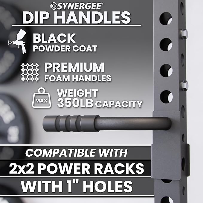 Synergee Dip Station Set of 2 Dip Bar Attachments for Power Racks. Compatible with 2x2 Tube Racks with 1" Holes. Max Capacity 350lbs.