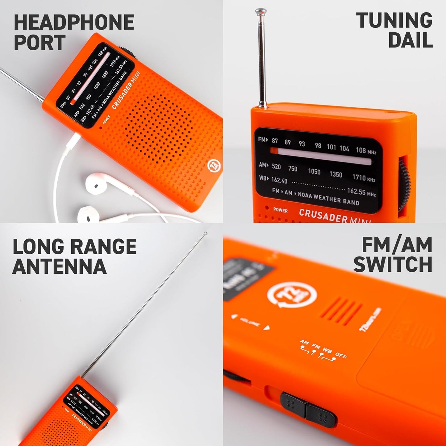 72 HRS (Upgraded) 72HRS CRUSADER MINI NOAA/AM/FM Emergency Weather Radio, Powered by 2AA Battery(Not Included), Premium Designer Radio with Finest Tuning Knob and Speaker (Red)