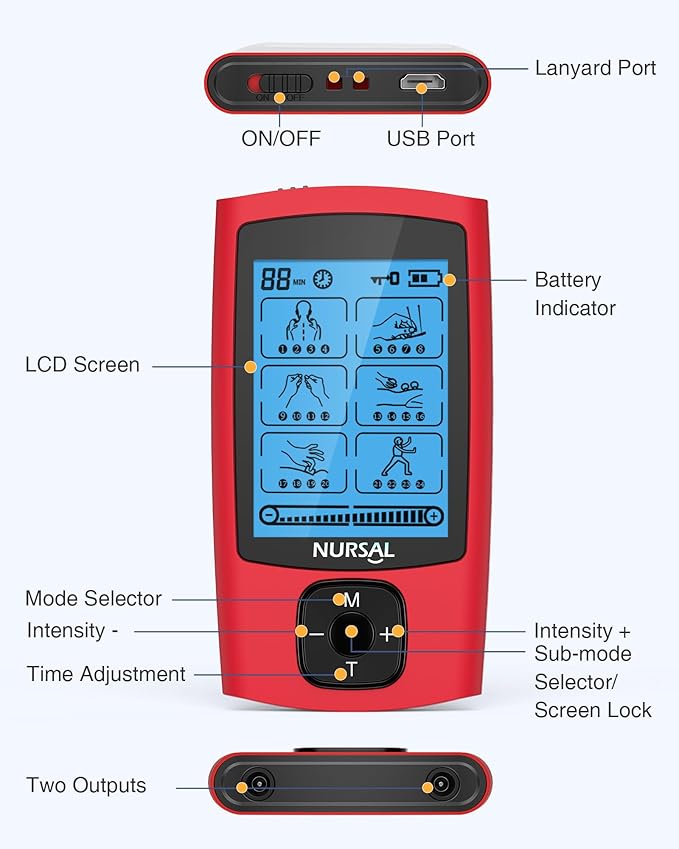 NURSAL 24 Modes TENS Unit Muscle Stimulator, Rechargeable Electronic Pulse Massager with 8 Pads for Back and Shoulder Pain Relief and Muscle Strength (Red)