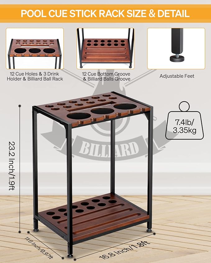 Billiards Pool Stick Holder - Pool Cue Rack Floor Stand & Ping Pong Paddle Holder Hardwood Pool Cue Holder for 12 Cues Sticks Pool Table Accessories Organizer (Brown)