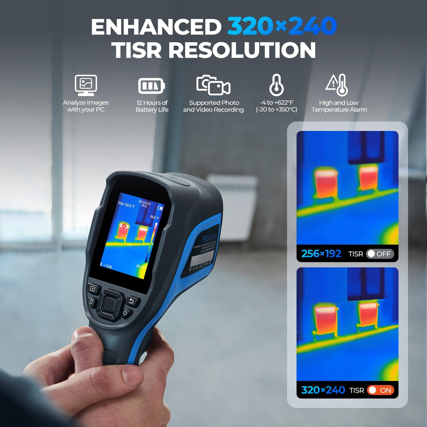 TOPDON TC004 Thermal Imaging Camera, 320 x 240 TISR Resolution, 256 x 192 IR High Resolution, 12-Hour Battery Life Handheld Infrared Camera with PC Analysis and Video Recording Supported, 32GB SD Card