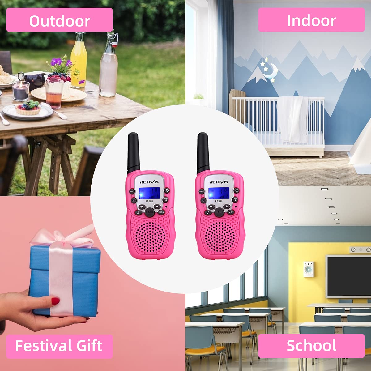 Retevis RT388 Walkie Talkies for Kids, Birthday Gifts for 6 7 8 9 10 11 12 Year Old Girls, 22 CH LCD Flashlight, Pink Walkie Talkies Christmas Gifts Toys for Girls(Pink, 2 Pack)