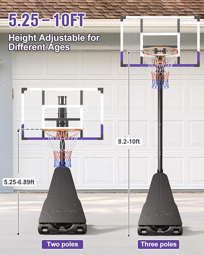 TONBUX Basketball Hoop Outdoor 44/48 Inch Shatterproof PC Backboard, 5.25-10FT Stepless Adjustable Height, Portable Basketball Hoop for Kids/Teens/Adults in Backyard, Driveway and Indoor