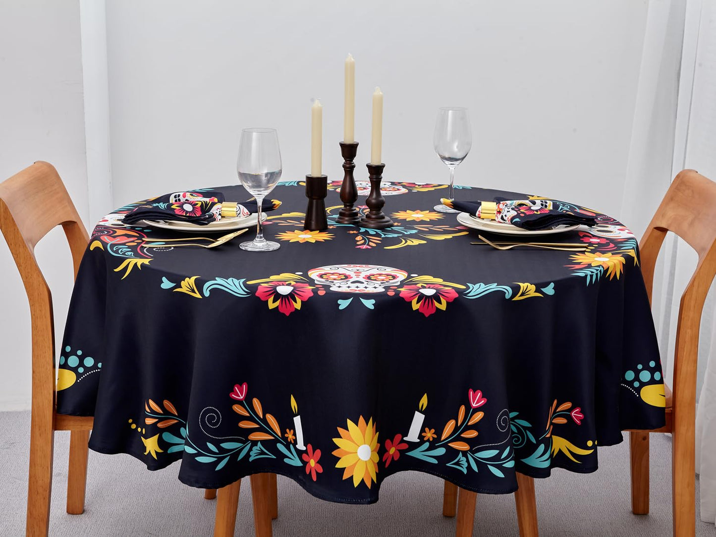 YiHomer Day of The Dead Table Runner Floral Skeleton Mask 14x72
