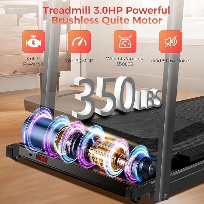 Treadmill with Handles, Portable Small Treadmills for Home and Office, 3.0HP Folding Walking Pad with 300 lbs Capacity, Cup Holder, LED Display and 12 Preset Programs