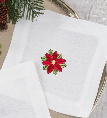 Fennco Styles Embroidered Christmas Cocktail Napkins 6" W x 6" L, Set of 4 - White Cloth Coasters for Dining Table, Family Gatherings, Holidays, Banquets & Home Décor