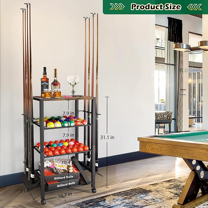 Pool Stick Holder Rack Stand for 8 Cue Sticks - Billiard Game Room Storage Cart with Organizer for Balls, Pool Table Accessories and Equipment - Heavy Duty Floor Stand Cue Stick Rack for Home or Bar