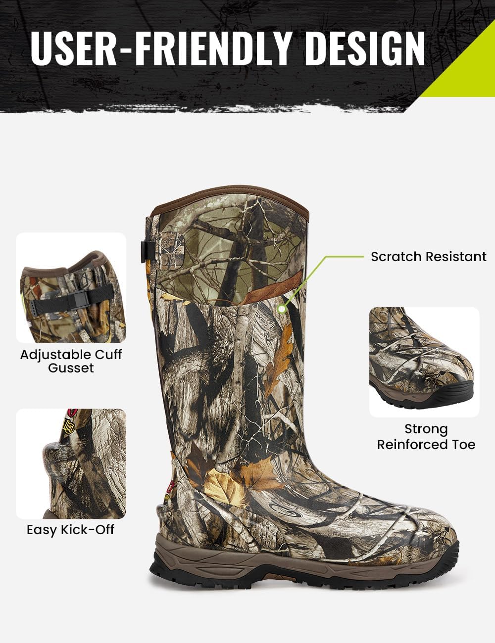 TIDEWE Rubber Hunting Boots, Waterproof Insulated Next Camo G2 Warm Rubber Boots with 7mm Neoprene, Sturdy Outdoor Hunting Boots for Men (800g Insulated & Standard, Size 6-14)
