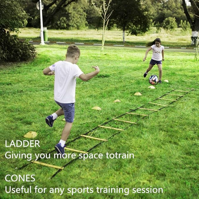Speed Agility Training Kit-12 Rung 20Ft Agility Ladder, 5 Round Training Cones,Resistance Parachute, 4 metal Stakes & Carrying bag, football ladders for Faster Footwork and Better Movement Skills