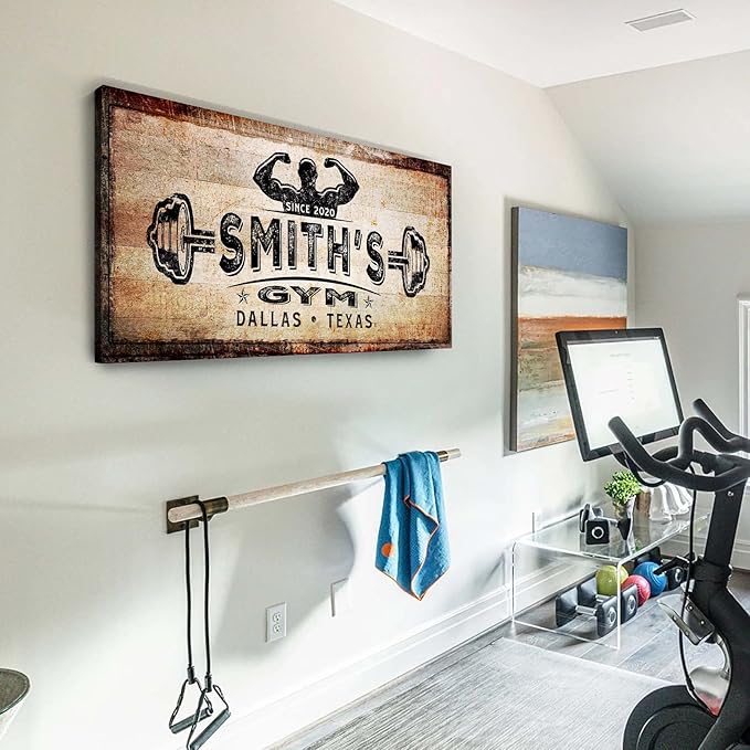 TAILORED CANVASES Personalized Gym Sign Wall Art Decor - Motivational Canvas s for Home Gym, Workout Room, Garage, Fitness Center - Workout Inspirational Posters - Gym Name on Rustic Copper, 20x10in