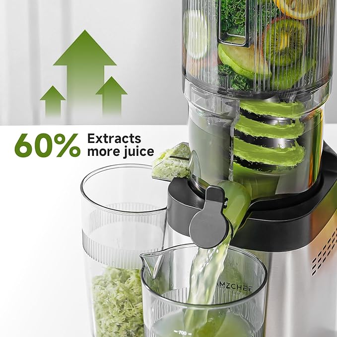 AMZCHEF Cold Press Juicer, Juicers Machines - 5.4" Large Feed Chute for Whole Fruits & Vegetables, Stainless Steel Slow Masticating Juice Easy to Clean, Large Auger, Triple Strainers, Silver