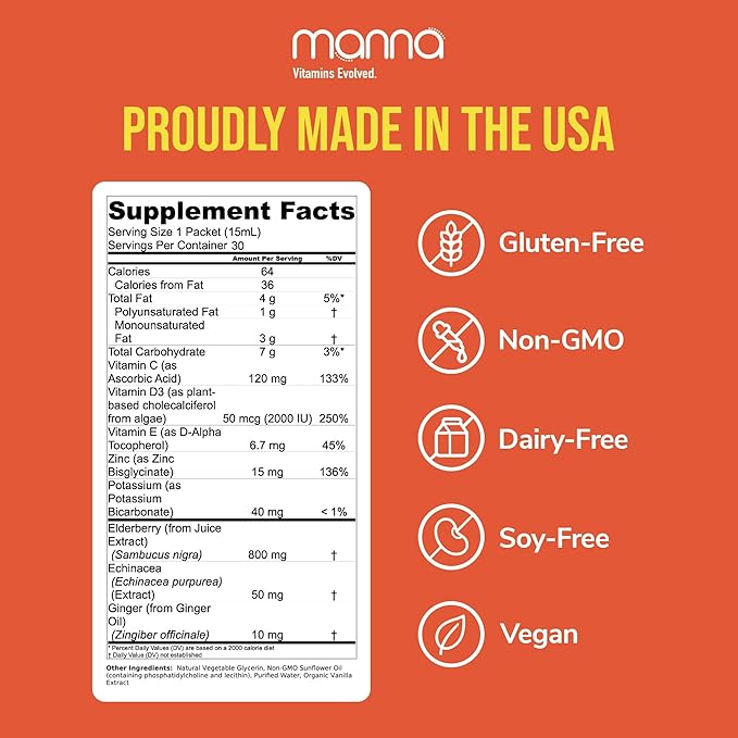 Manna Vitamins Evolved Liposomal Elderberry Immune Packets – Vitamins C, D, Zinc etc. - Daily Immune Support for Adults, Kids - Sugar Free, Real Elderberry Extract, Syrup, Travel-Friendly, 30 Pack