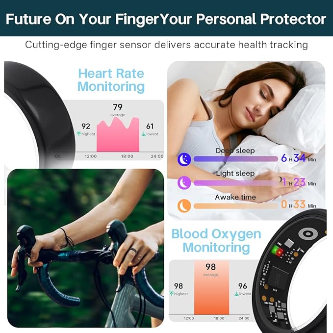 Smart Rings for Women Men,Fitness Tracker Ring,Heart Rate,Blood Oxygen,Blood Pressure,Step Tracker,Sleep Monitoring,No Subscription Fee,IP68 Waterproof Smart Ring for iPhone&Android(Gold 7)