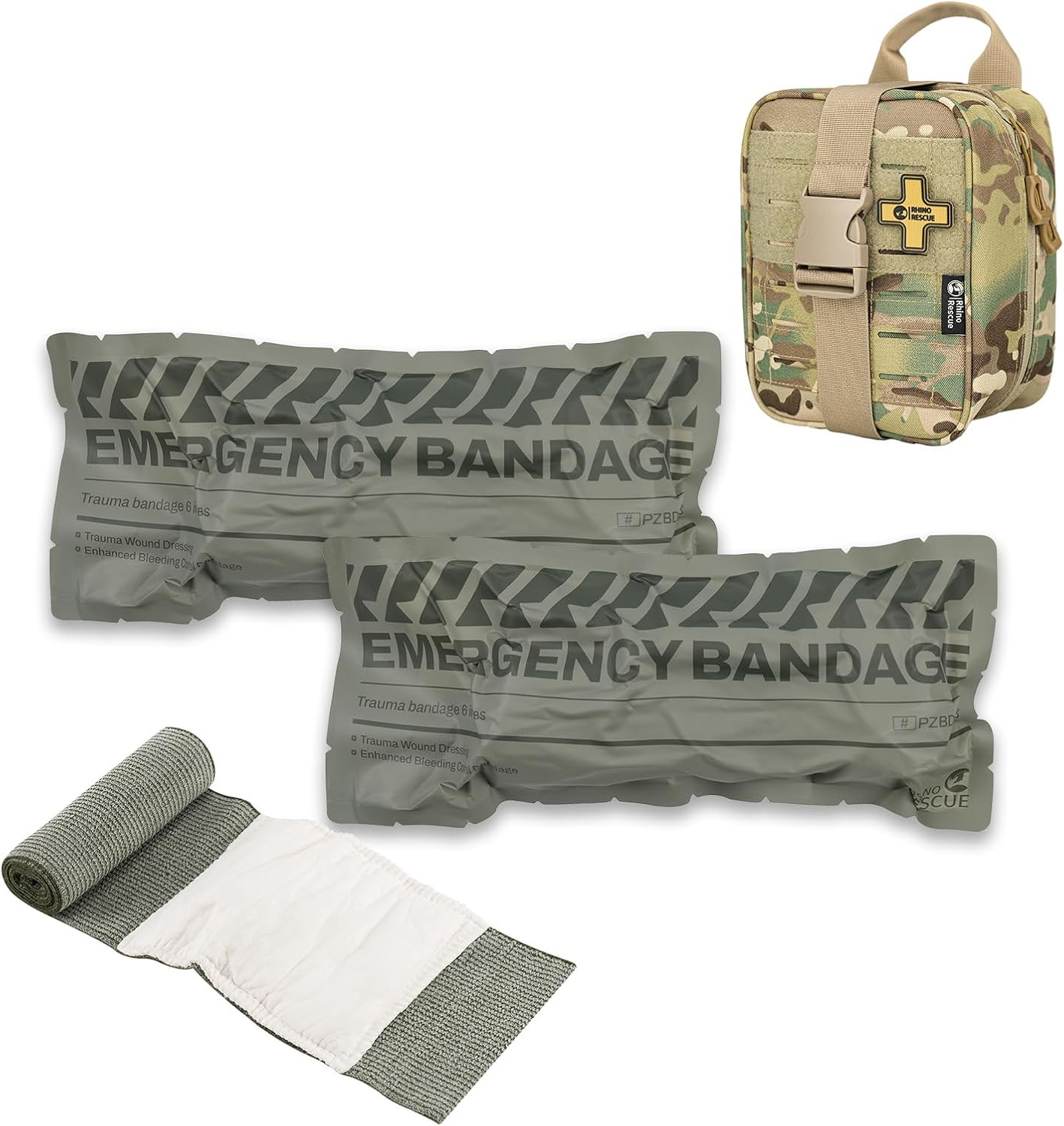 RHINO RESCUE 6" Israeli Style Emergency Bandage + IFAK Trauma Kit with C-A-T Tourniquet for Wound Care (PRO, Camo)