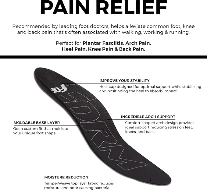 Ultra-Thin Plantar Fasciitis Insoles Designed for Comfort & Maximum Pain Relief, Ideal for Dress Shoes & Boots | Black (Men's 6-6.5, Women's 7.5-8)